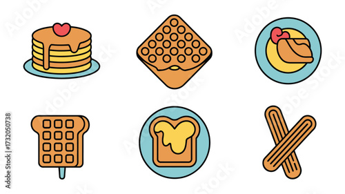 Vector art of illustration set of breakfast food includes pancakes, waffles, toast, and churros for a sweet morning meal