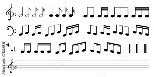 Music notes, treble clef and a staff - vector illustration