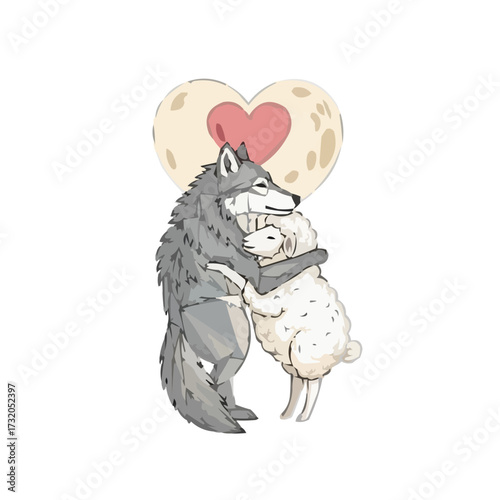 Wolf and Sheep Embrace Under Heart Moon Vector