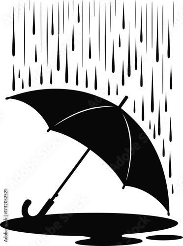 Black silhouette of an umbrella in the rain