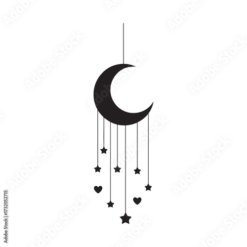 Elegant Crescent Moon Mobile with Star and Heart Charms Silhouette Illustration for Nursery Decor or Celestial Themed Design