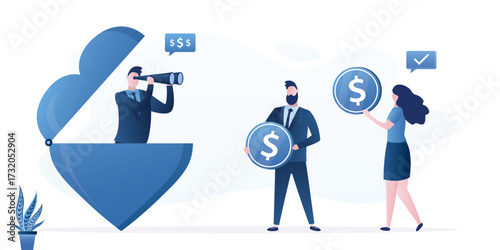 Charity, donation, aid or support, philanthropy, heart. Male volunteer uses binoculars to search for money and donations. People give coins, donating money