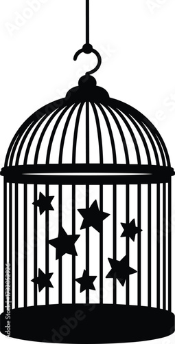 Decorative black birdcage with star cutouts hanging silhouetted