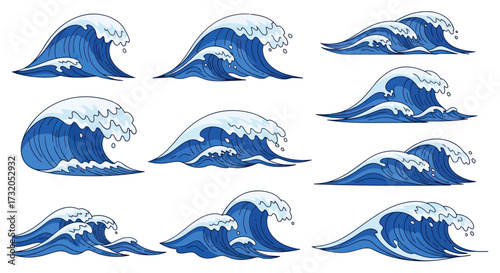 Collection of stylized blue ocean waves with white foam crests vector illustration.