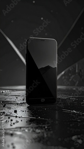 Sleek Black Smartphone Display on Glossy Wet Surface with Cinematic Spotlight and High Contrast Lighting for Modern Tech Aesthetics