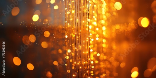 Abstract bokeh of light strands and blurred orbs in warm orange hues