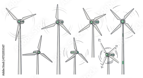 Collection of Hand-Drawn Wind Turbines in Motion.