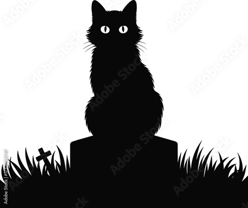 Mysterious black cat silhouetted on a tombstone at night