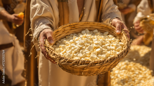Hands offering a basket full of manna in desert scene, symbol of divine blessing and provision