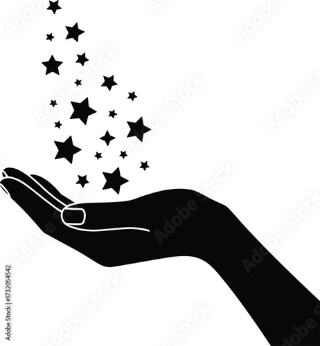 Silhouette of a hand releasing a cascade of stars