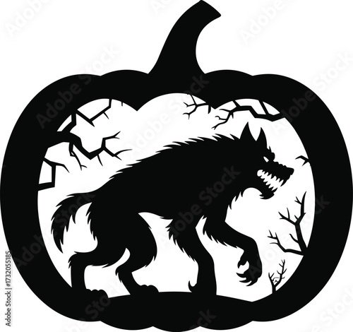 Silhouette of a werewolf inside a carved halloween pumpkin