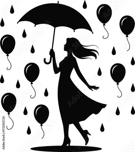 Silhouette of a woman with an umbrella surrounded by balloons and rain