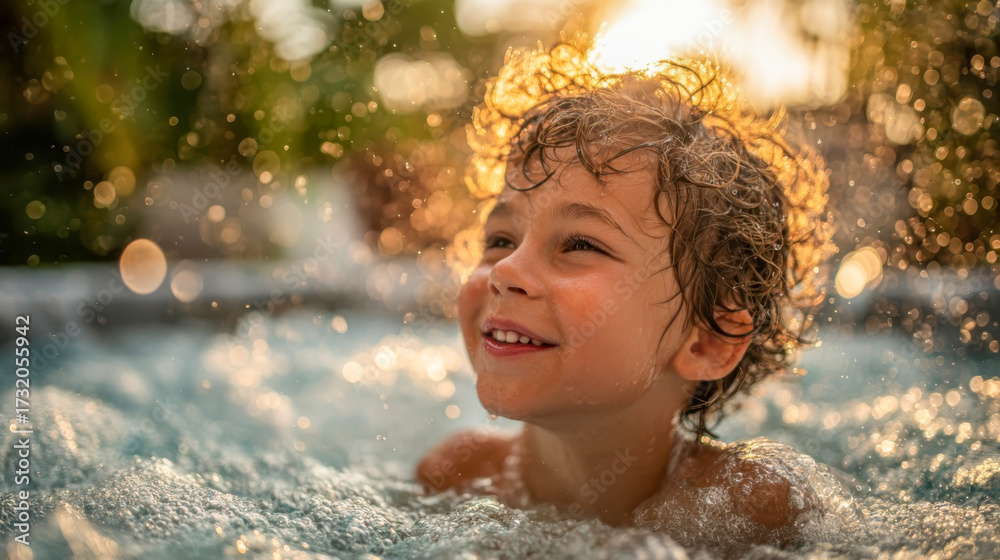 Obraz premium Happy child enjoying bath in a hot tub during sunset