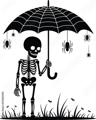 Skeleton holding spooky spiderweb umbrella in a field