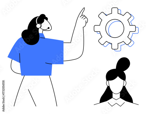 Woman pointing at large gear next to abstract female face. Ideal for teamwork, leadership, brainstorming, problem-solving, innovation, collaboration, workflow. Modern simple flat metaphor