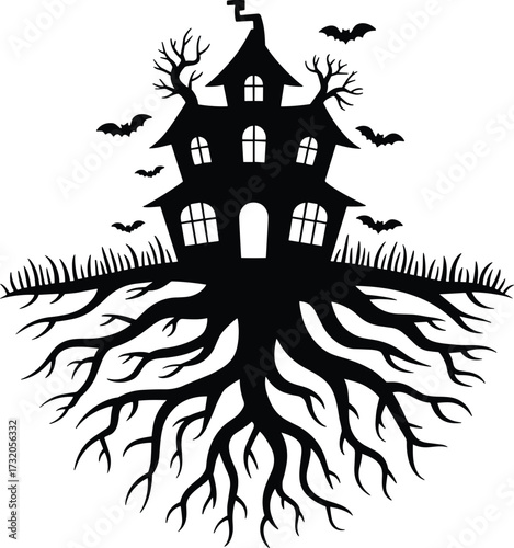Spooky haunted house silhouette with exposed tree roots and bats