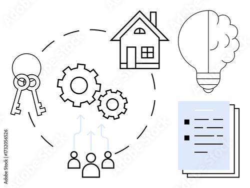 Keys, gears, house, lightbulb, team icons, and documents symbolize teamwork, strategy, homeownership creativity and organization. Ideal for real estate innovation teamwork planning leadership