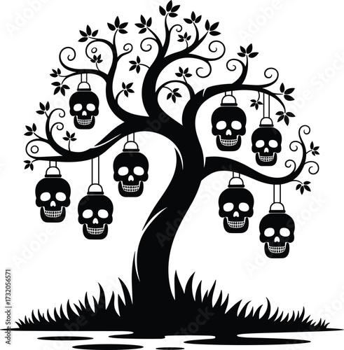 Spooky silhouette tree adorned with hanging skulls