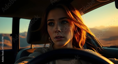 High contrast, low-key lighting, extreme close-up macro shot. A beautiful woman driving, distinct split composition, deep shadows, dramatic effect, warm soft lighting.