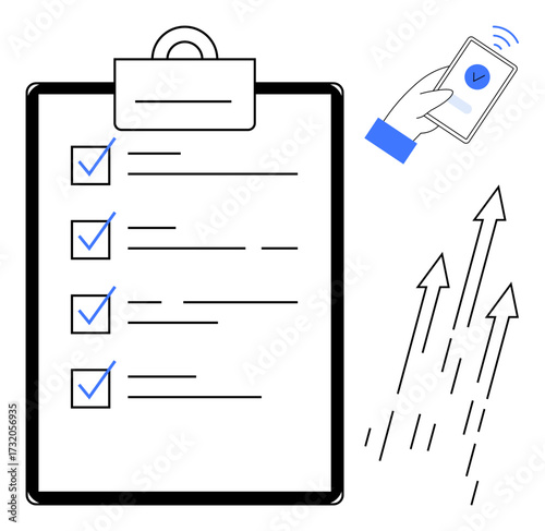 Clipboard with checklist, ticking hand using mobile with approval mark, and upward arrows symbolizing progress. Ideal for productivity, management, approval, organization, success, efficiency simple