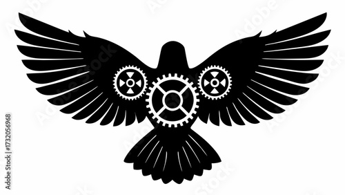 Majestic mechanical bird in flight, symbolizing innovation and precision, perfect for tech, engineering, or creative brand identity with a steampunk aesthetic