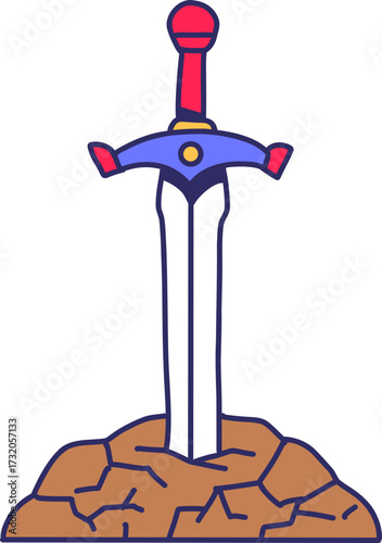 Stylized cartoon sword lodged in cracked rock, illustration, fantasy concept