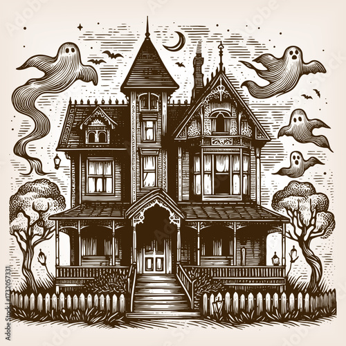 wooden house with a spooky ghost floating above the porch in a creepy scene sketch engraving generative ai vector illustration. Scratch board imitation. Black and white image.