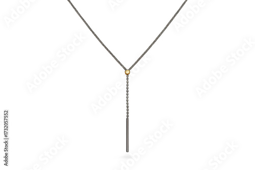 Elegant silver lariat necklace with golden bead isolated on transparent background