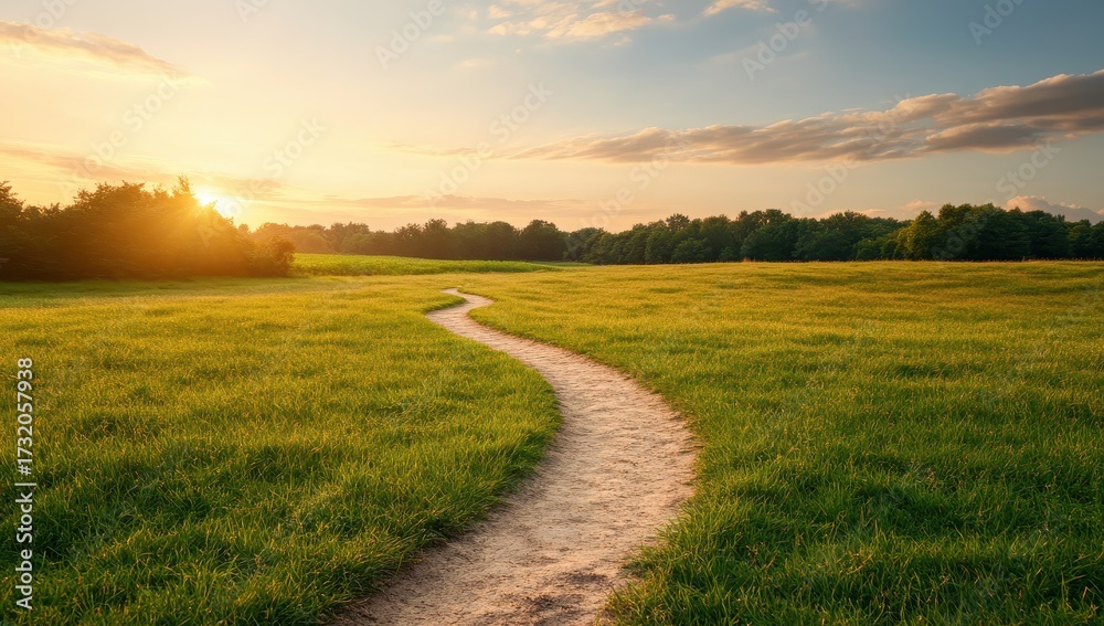Obraz premium A winding dirt path leads through a sunlit field, towards a distant forest at sunset