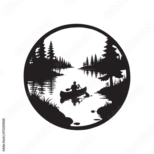 Serene Lake Scene Silhouette Featuring a Lone Canoeist Paddling Through Calm Waters Surrounded by Evergreen Trees and Lush Shoreline