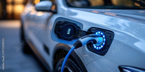 Close-up of a white vehicle being charged with a blue cable, illuminated in bright blue lights