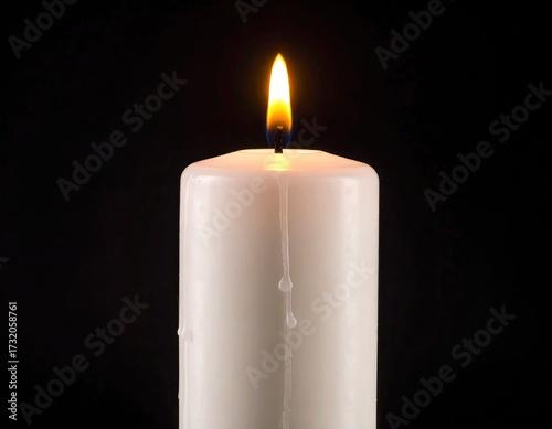 Single white candle with melted wax drips on a black background