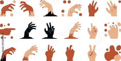 Collection of Diverse Human Hands in Various Gestures and Positions, Emerging from Abstract Shapes