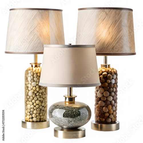 Three decorative table lamps with fabric shade isolated on transparent background