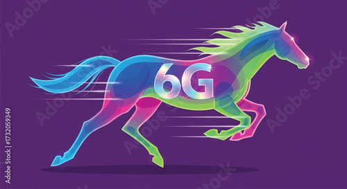 A vibrant horse illustration with '6G' emblazoned on its side, symbolizing the speed and advancement of next-generation wireless technology on a purple backdrop. Vector illustration.