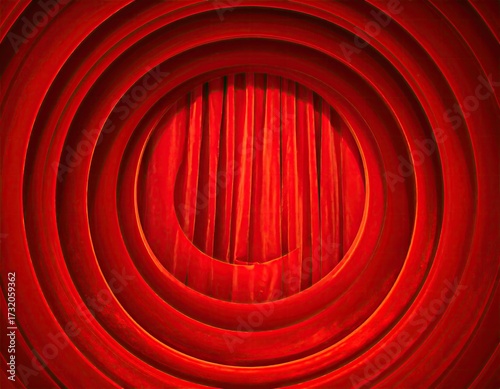 Red concentric circles frame a red curtain