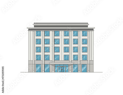 Architectural vector illustration of a classic multi-story building facade. City office, government structure, or hotel exterior isolated on a white background