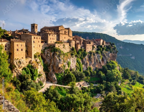 Medieval town perched on a cliffside, sunlit