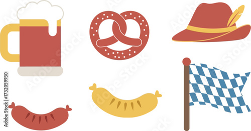 Collection of Traditional German Oktoberfest Symbols including Beer Mug, Pretzel, Sausage, Hat, and Flag on a white background