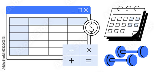 Spreadsheet window, calculator, calendar, and dumbbells emphasizing budgeting, scheduling, fitness, and organization. Ideal for productivity, finance planning time management goal tracking