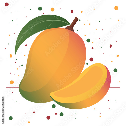 Fresh an appetizing mango with a leaf, with half of the fruit cut off in modern minimalistic flat style, soft gradients and dotted background. Trendy vector fruit illustration for food, packaging.