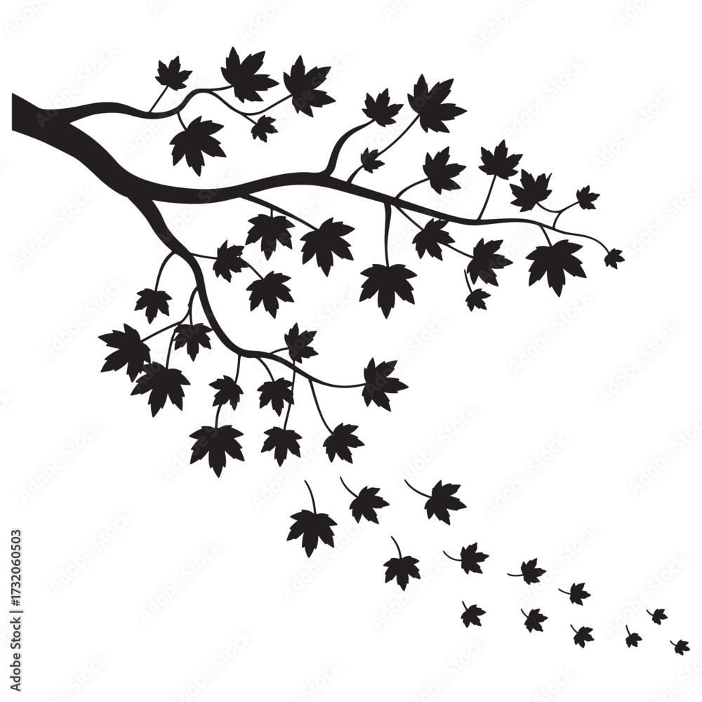 Naklejka premium Elegant Silhouette of Maple Branch with Falling Leaves Nature Inspired Design for Wall Art and Decorative Accent, Serene