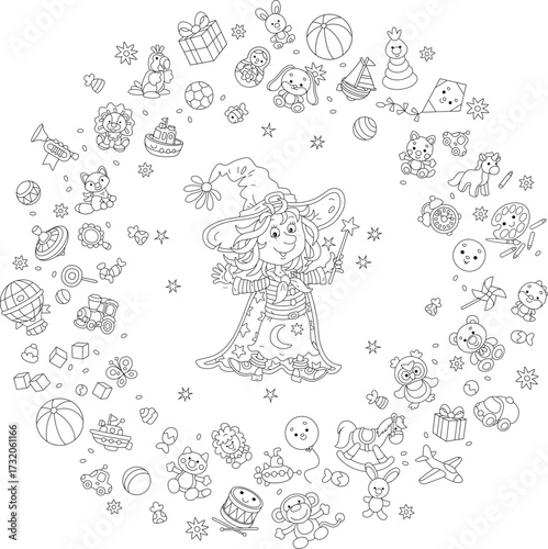 Happy little witch illusionist waving her magic wand and conjuring funny tricks with flying toys and sweets, black and white outline vector cartoon illustration for a coloring book page