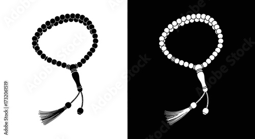 A set of Islamic prayer beads, or misbaha, with a tassel, shown in black on white and in white on a black background.