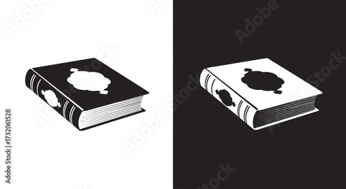 A stylized black and white illustration of a closed hardcover book with an ornate cover emblem, shown in both positive and negative versions.