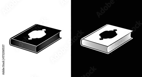 A high-contrast black and white illustration of two closed books with emblems, presented in a mirrored, inverse design on a split background.