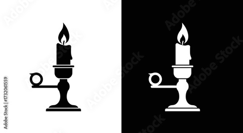 A lit candle in a vintage candlestick holder, presented as a black icon on white and a white icon on black.