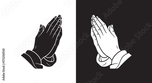 Two line art illustrations of praying hands, a black version on white and a white version on black.