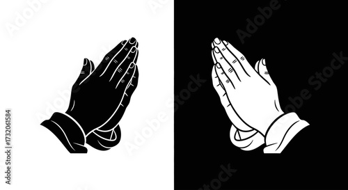 A graphic illustration of praying hands shown in two contrasting versions, black on white and white on black.