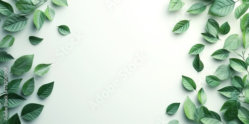 Green leaves scattered on a white background, forming a natural and clean design